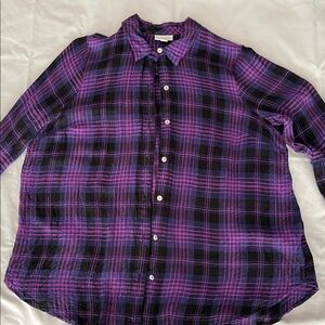 Dark pink, dark blue, and black, long sleeve, buttoned down the front blouse